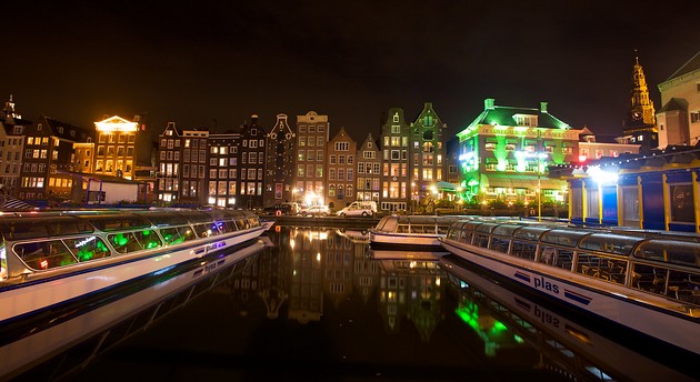 Canal tour boats at night